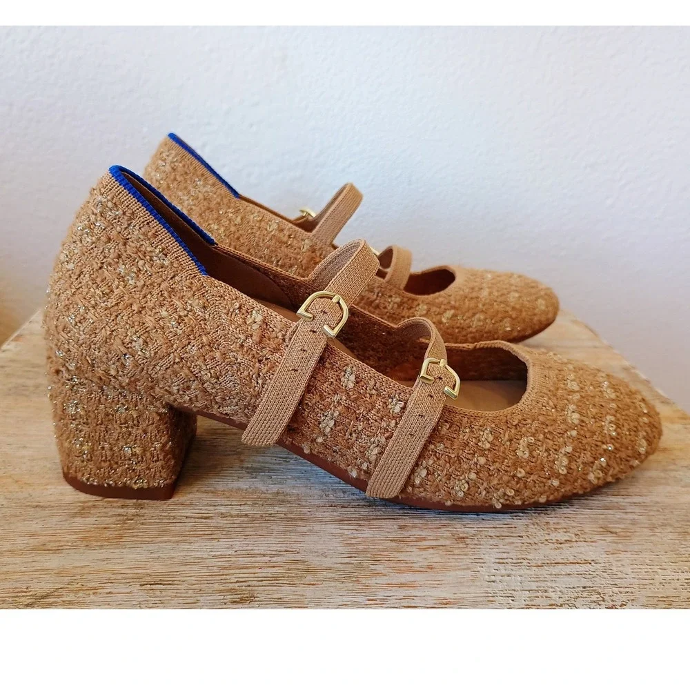 Rothys The Mary Jane Double Buckle Block Heel Camel Tweed Gold Metallic Shoes 6